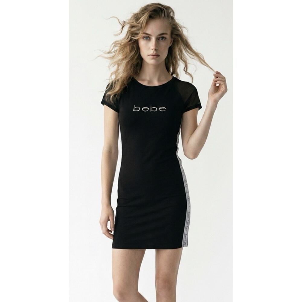 Y2K BEBE Rhinestone Logo Dress Size S Black Sporty Mesh Sleeve Bodycon
